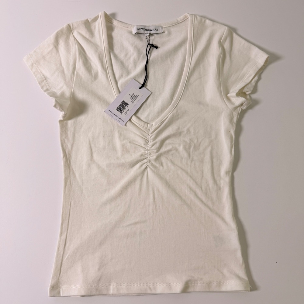 WeWoreWhat Ruched Tee Classic White V-Neck Cotton Jersey Top NWT